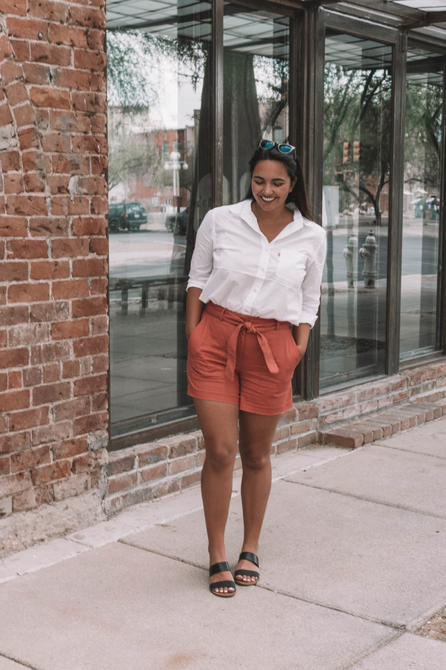 tie waist linen shorts and button down outfit