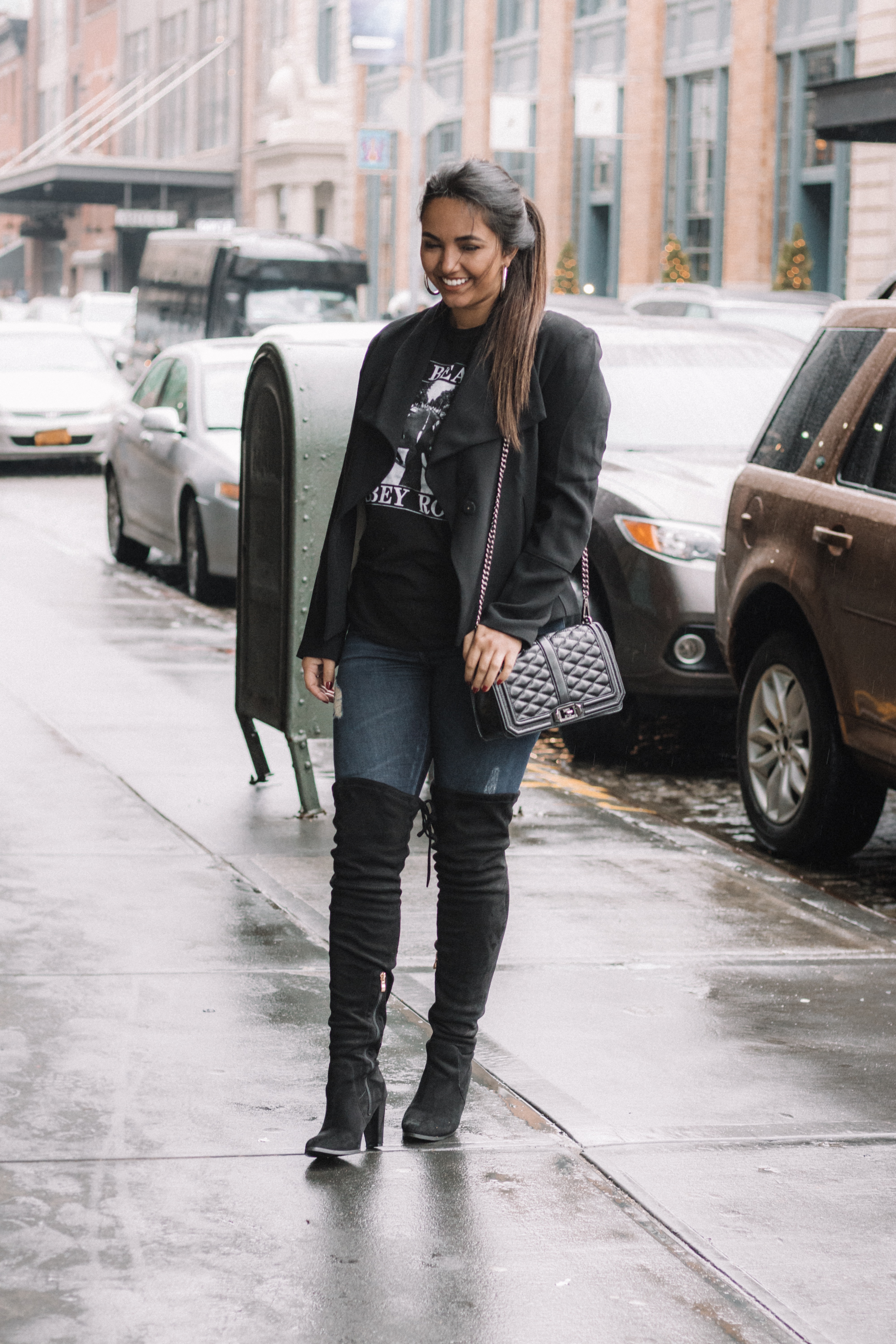 Over the knee boots, skinny jeans, blazer, graphic tee